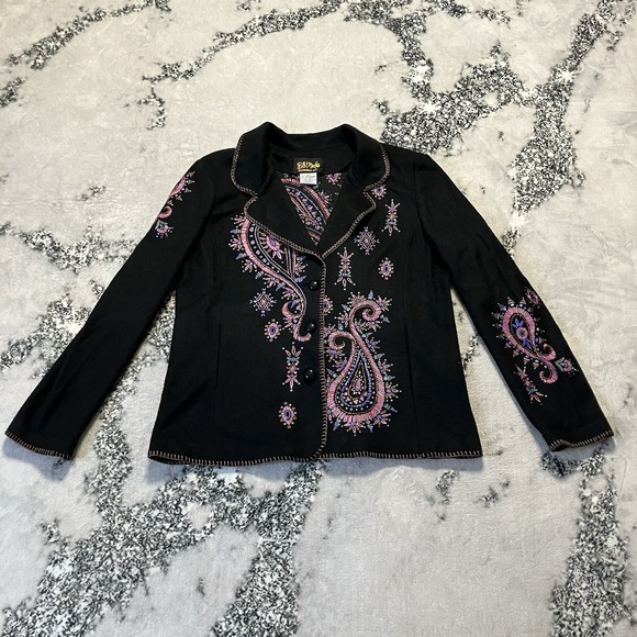 Bob Mackie Jackets & Blazers - Vtg Bob‎ Mackie Wearable Art Blazer Womens Sz L Black Multi Paisley Embroidery